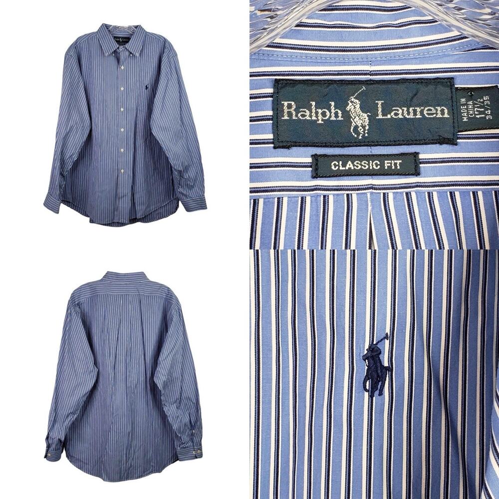 Polo Ralph Lauren Shirt Men's XL 17.5 Blue Vertical Stripe LS Button Down